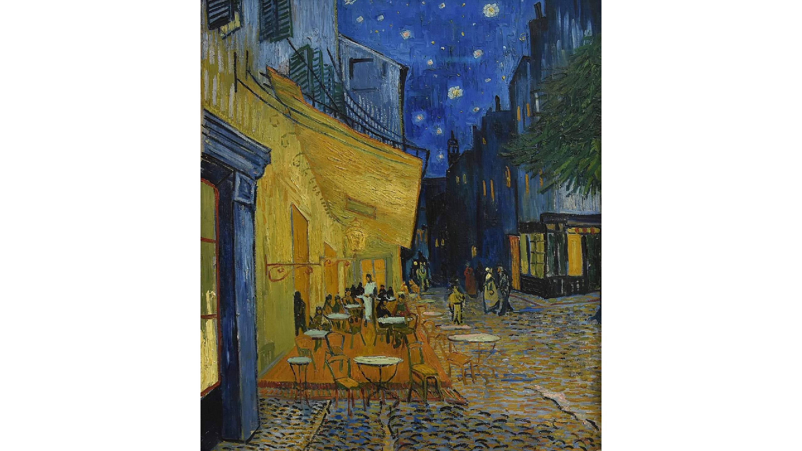 cafe terrace at night, under a starry sky. The light at the terrace is yellow. there is some people walking down the street, an people seatted at the cafe.