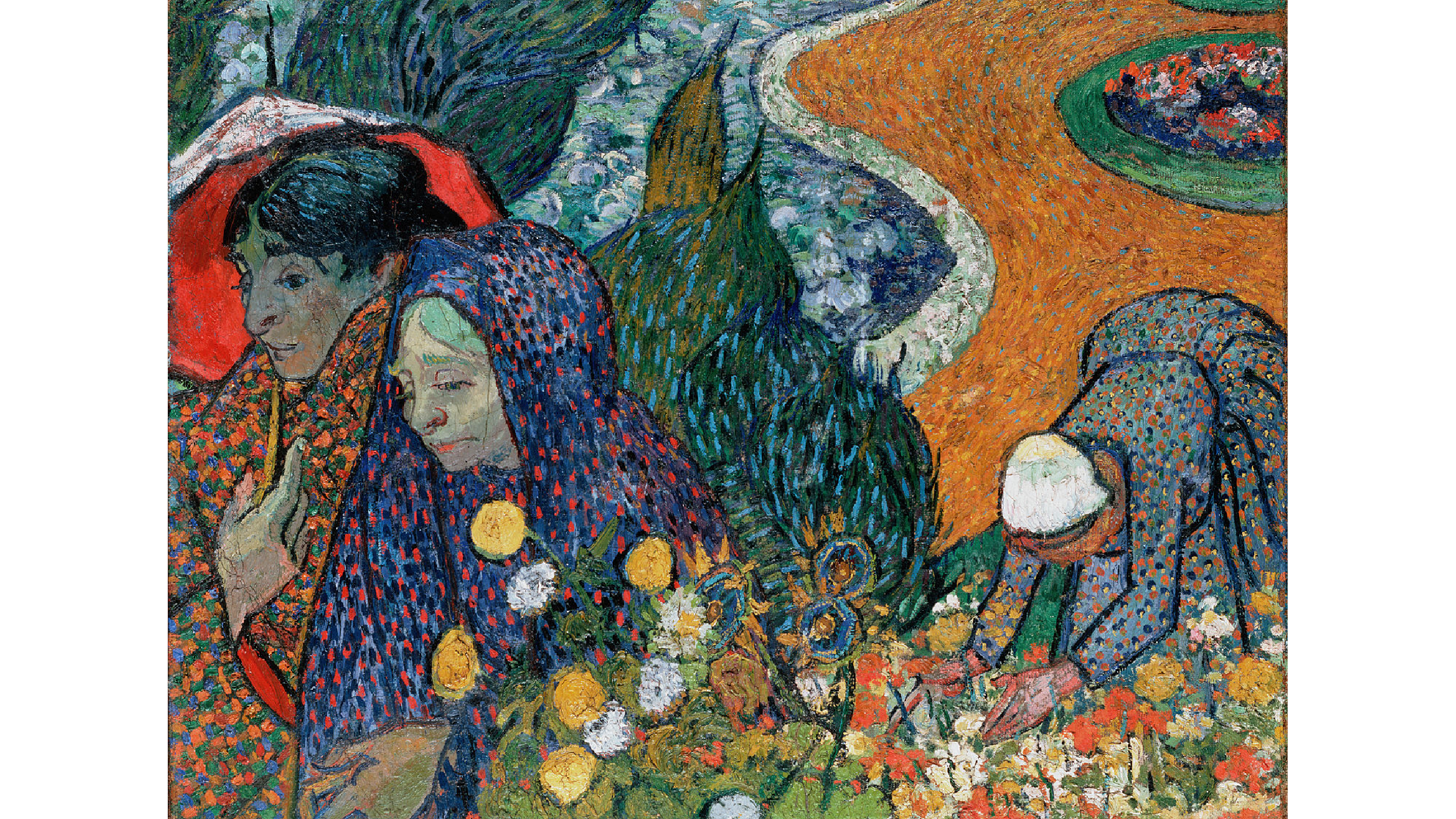 painting of a garden, two of them at the left, whearing a shawl and an umbrella. the thrid one is picking flowers in the back.