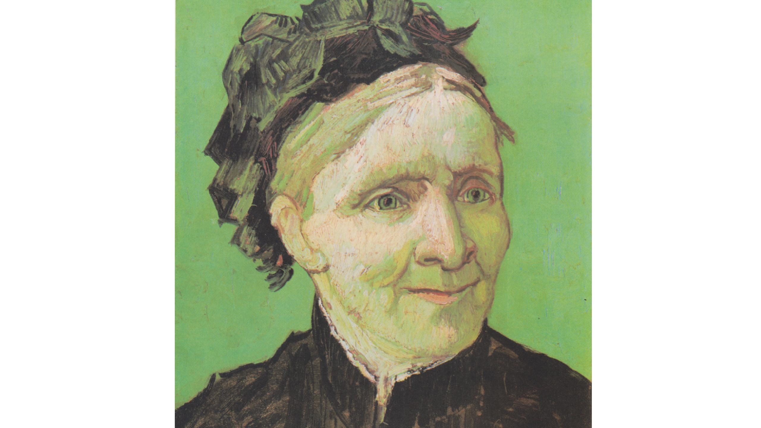 portrait of a woman, van gogh's mother, she is looking to the left and has a slight smile. The painting has green tones. She is wearing a dark hat and dress.