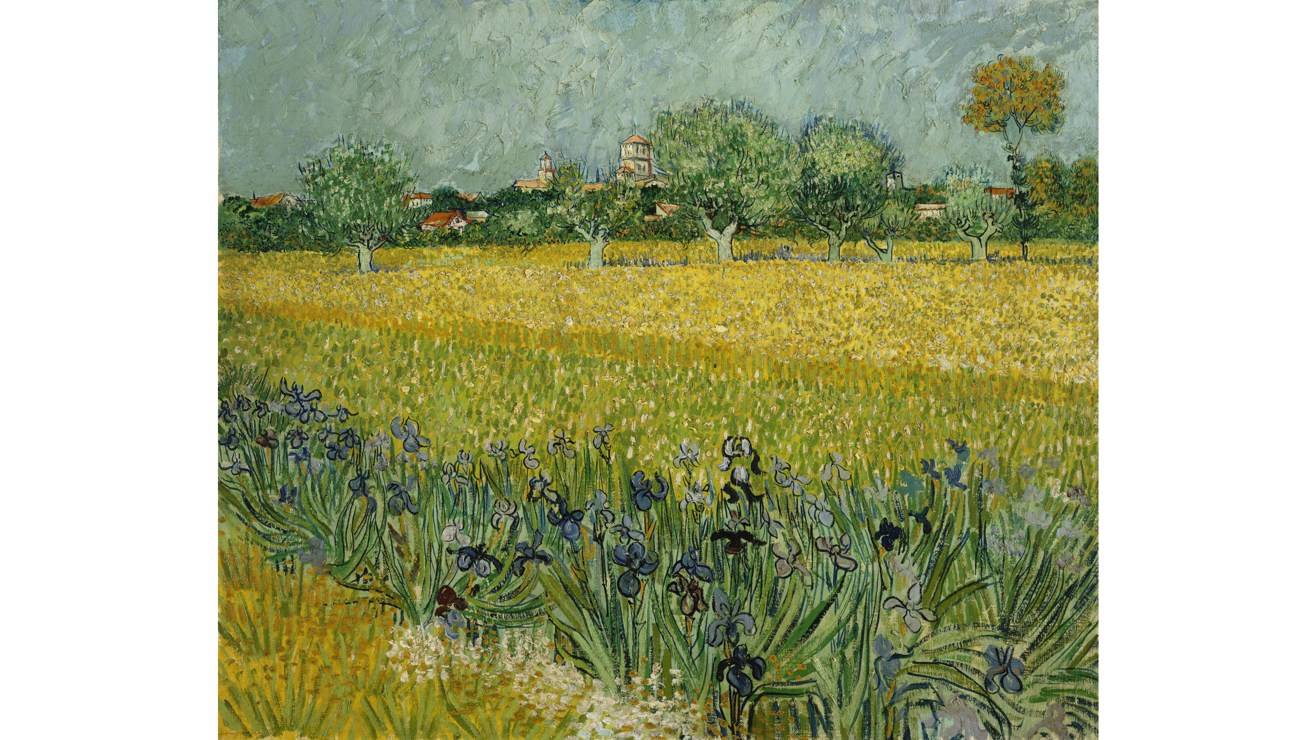 painting of a field, trees in the background, and irises in the front.