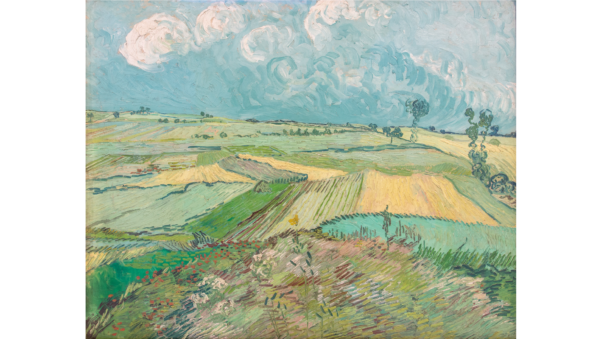 oil painting of fields, with cloudy skies above.