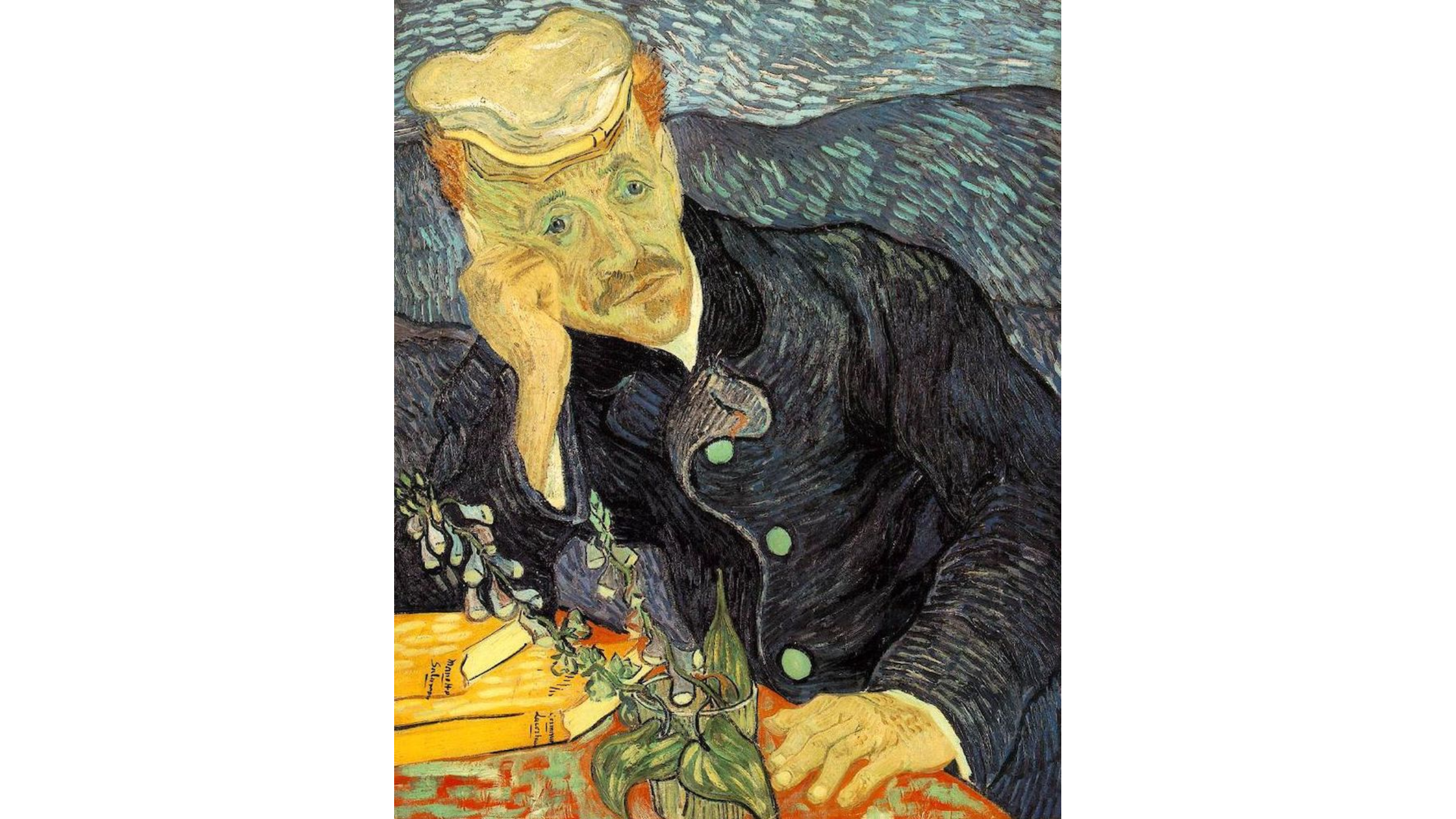 oil painting of a man, with his right hand supporting his right cheek  while he looks to the horizon, he is wearing a light hat, and a dark blue jacket. 