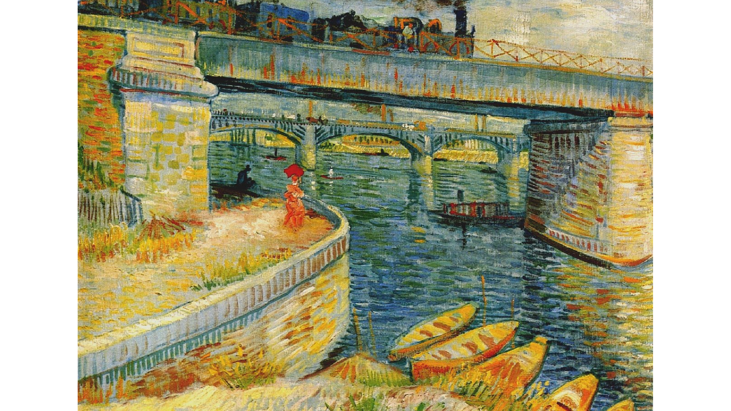 view of the river Seine, with a bridge an a train crossing over it. 