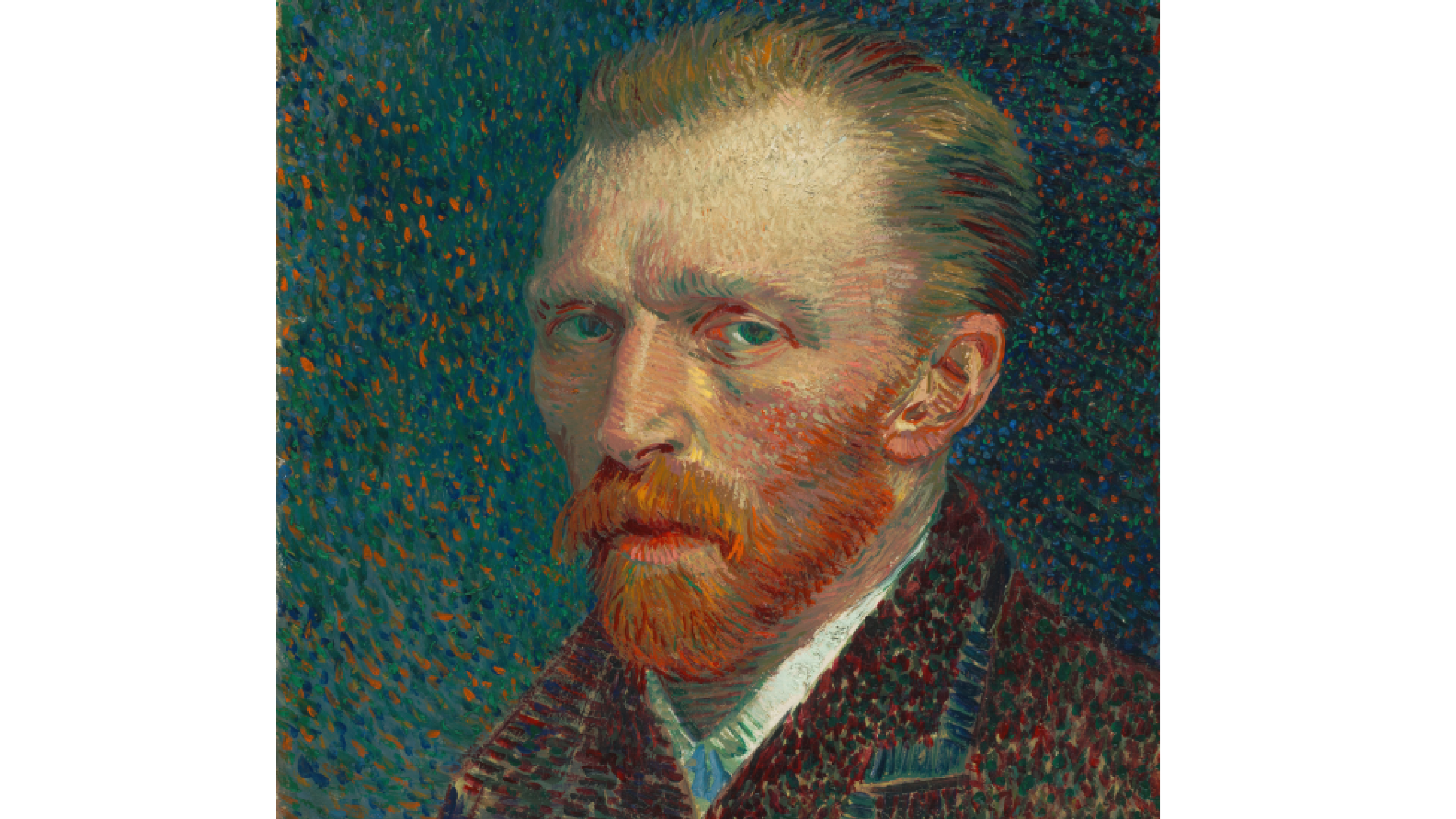 Self-portrait of Vincent van Gogh, the color are bright, he has short red hair, a mustache and a beard. Is wearing a brown suit, the background is teal.