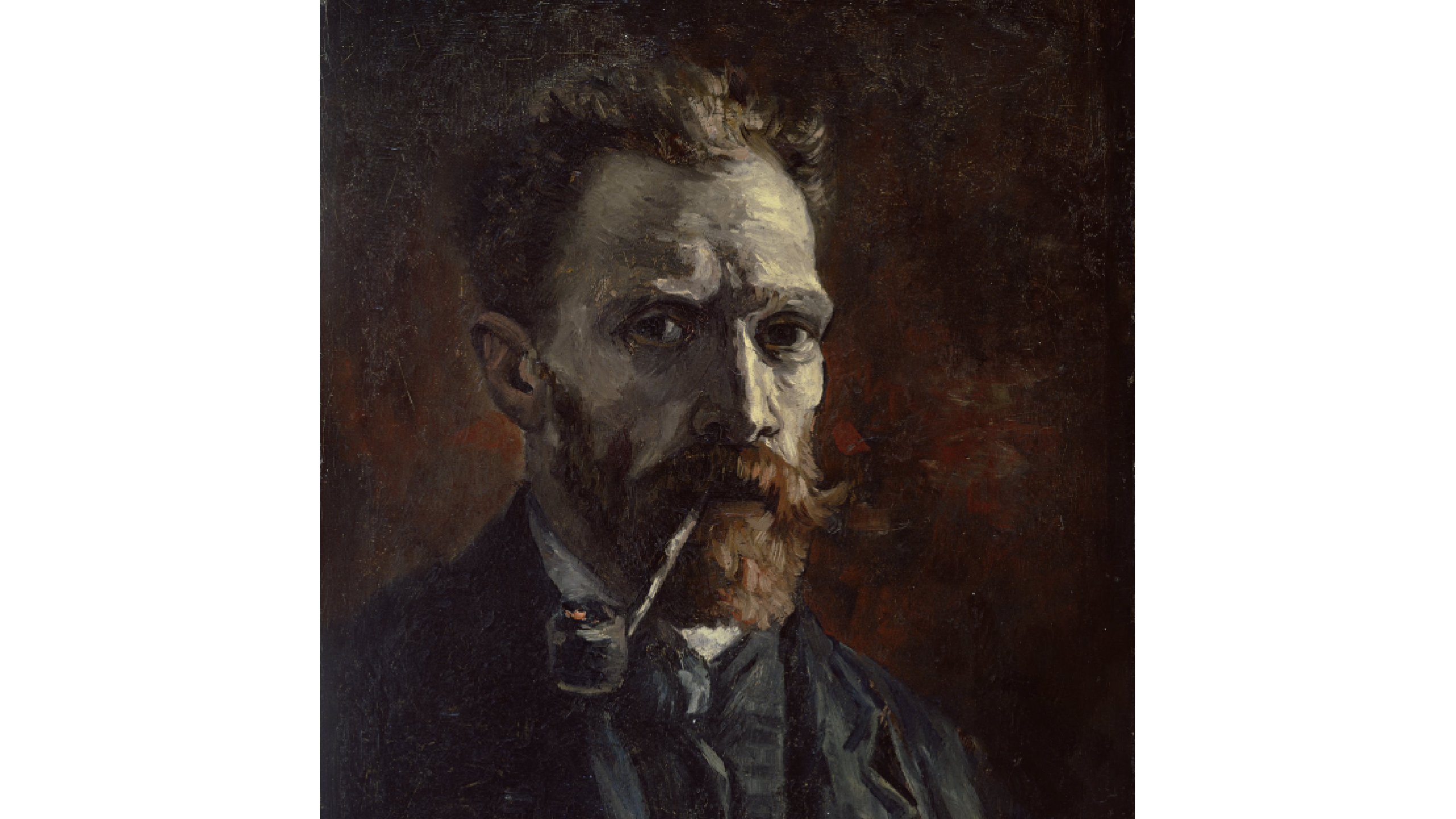 Self portrait of vincen van gogh, is an oil painting. The colors are dark, he has short red hair, a beard and mustache, an a pipe on his mouth.