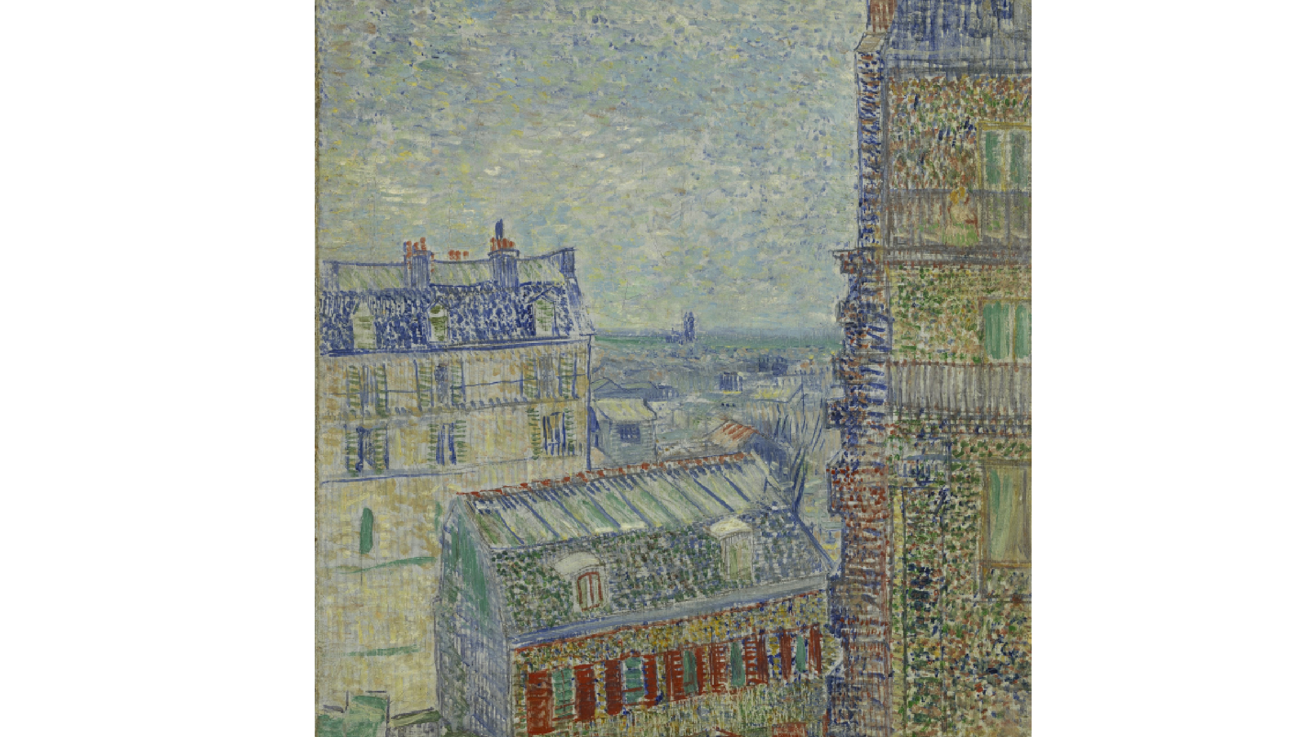 oiul painting of the view from a window. The sky is blue, an there are buildings around. Everything in blue tones.